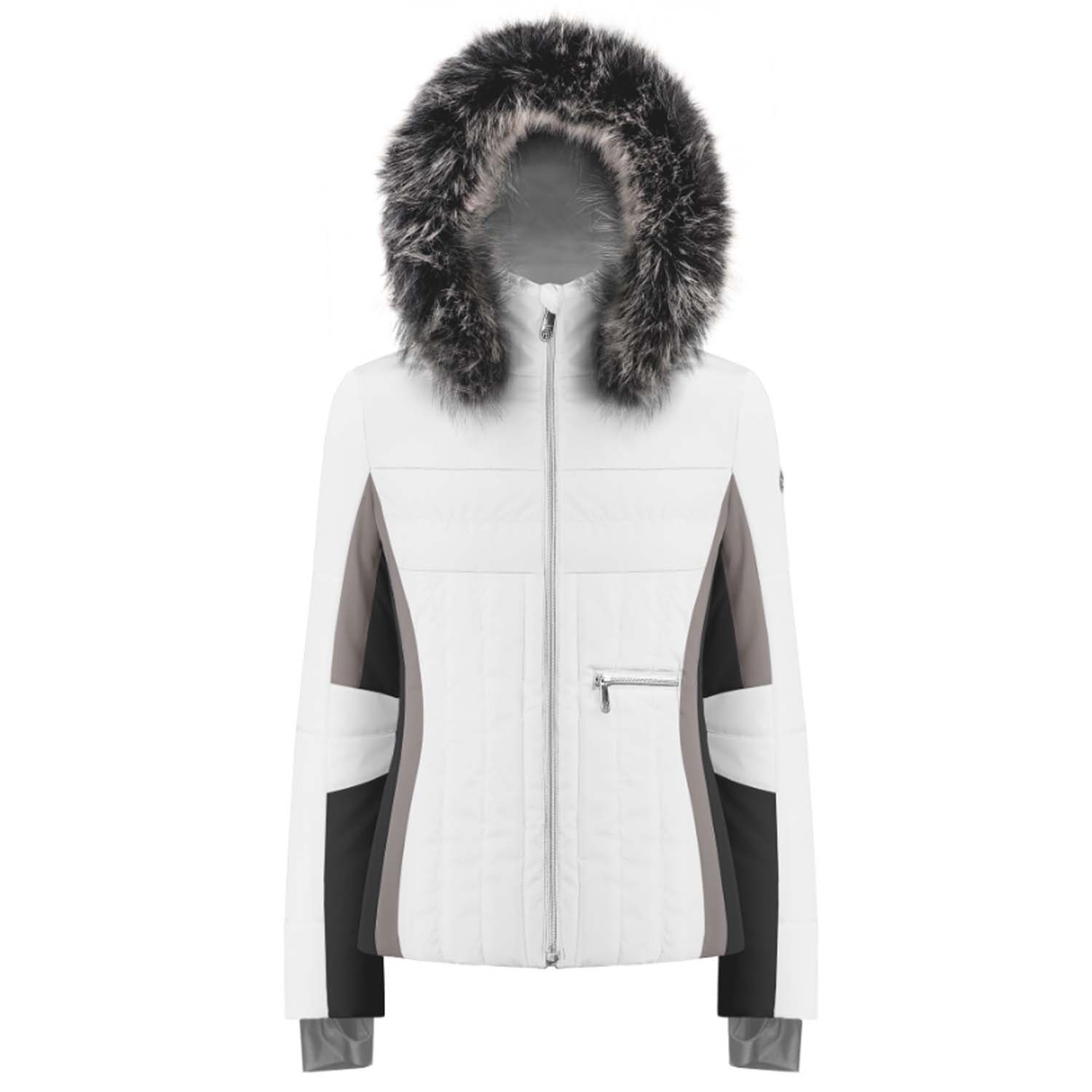 white ski coat with fur hood